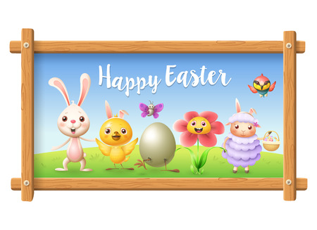 Easter portrait frame picture - bunny, chicken, flower, sheep bee-eater bird and butterfly celebrate Easter around egg - spring landscape backgroundのイラスト素材