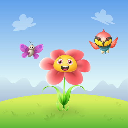 Flower butterfly and bee-eater bird celebrate spring on landscape backgroundのイラスト素材