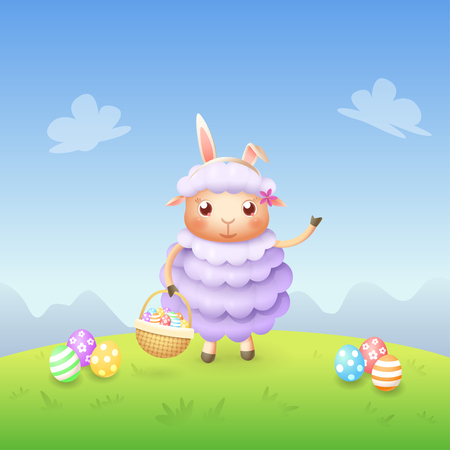 Sheep with bunny ears and basket with decorated eggs celebrate Easter - spring landscape backgroundのイラスト素材