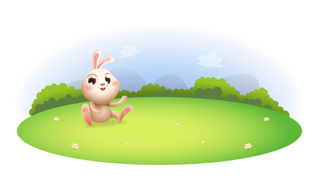 Cute bunny sitting on green grass - spring landscape isolated on whiteのイラスト素材
