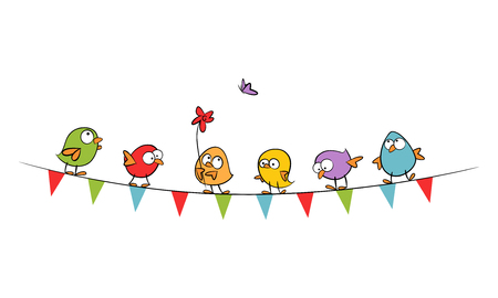Funny Birds on bunting flags celebrate spring - colorful hand drawn vector illustrationのイラスト素材