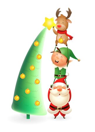 Santa Claus Elf and Reinder put the star on top of Christmas tree - cute and happy characters - isolated on white backgroundのイラスト素材