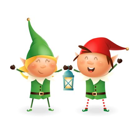 Christmas Elves girl and boy with lantern - vector illustration isolated on transparent backgroundのイラスト素材
