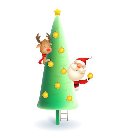 Santa Claus and Reindeer decorating Christmas tree - vector illustration isolated on white backgroundのイラスト素材