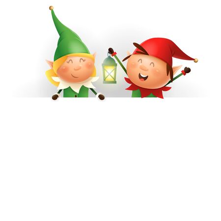 Cute Christmas Elves girl and boy on billboard - vector illustration isolated on white backgroundのイラスト素材