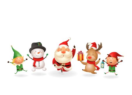 Christmas Friends Elves Santa Snowman and Reindeer celebrate holidays - jumping singing dancing - vector illustration isolated on transparent backgroundのイラスト素材