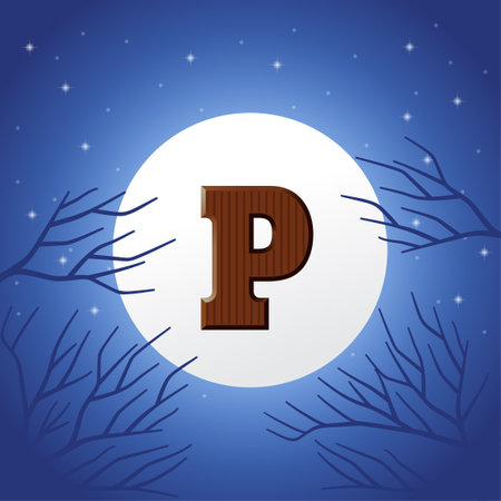Sinterklaas day concept - chocolate letter P on moonlight background - holiday illustrationのイラスト素材