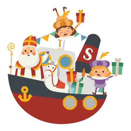 Happy Saint Nicholas or Sinterklaas and friends are coming to town at boat - vector illustration isolated on transparent backgroundのイラスト素材