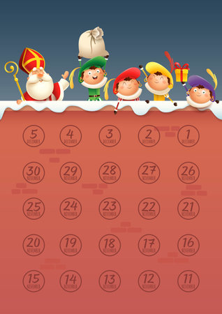 Sinterklaas or Saint Nicholas with friends (aftelkalender) Countdown calendar template - vector illustrationのイラスト素材