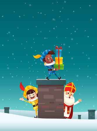 Saint Nicholas or Sinterklaas on roof - bring gifts via chimney Saint Nicholas day - winter sceneのイラスト素材