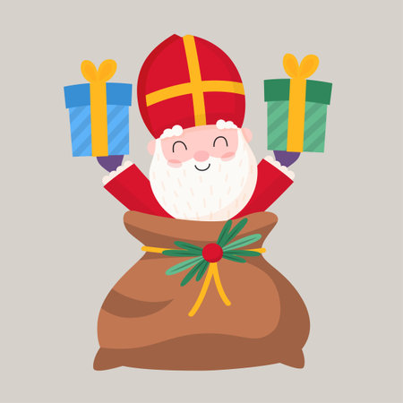 Saint Nicholas or Sinterklaas peeking from sack with gifts - vector illustration isolatedのイラスト素材