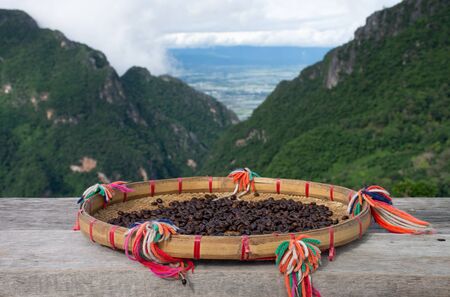 Drying coffee on a bamboo tray in a mountain atmosphereの写真素材