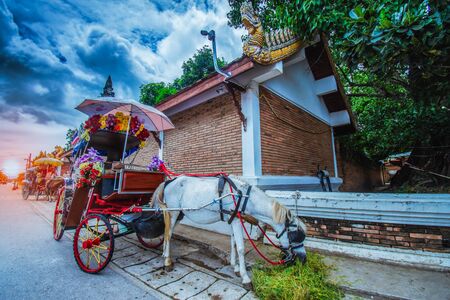 Carriages in front of Wat Phra That Lampang Luang, designed for tourist servicesのeditorial素材