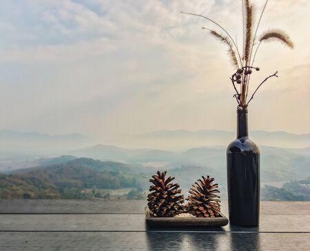 The landscape of mountains is full of clouds and fog. A top view of the haze in the mountains And fog in the morning at Doi Sako Mountain, Chiang Saen, Thailandの写真素材