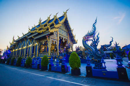 Chiang Rai, Thailand - 25 July 2020: Beauty of Blue Temple or Rong Suea Temple at dusk. Chiang Rai Province, Thailandのeditorial素材