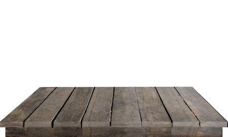 empty wooden table top isolated on white background Used for displaying or editing products.の写真素材