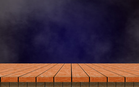 A lonely empty wooden table on a dark blue background and smoke to simulate your product.の写真素材
