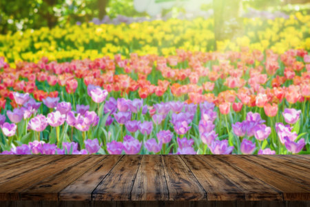 The wooden tabletop on tulip blur backgroundの写真素材
