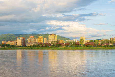 Mekong River with casinos and resorts as a backdrop in the Golden Triangle of Laos Special Economic Zone at Chiang Saenのeditorial素材