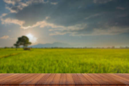 Wooden table and blur of beauty on a sunset day on a field with sky and mountains in the background.の写真素材