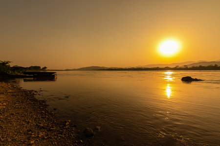 Sunset on the Mekong River in Laos. Long exposure.の写真素材