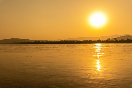 Sunset on the Mekong River in Laos. The Mekong River is the longest river in Laos.の写真素材
