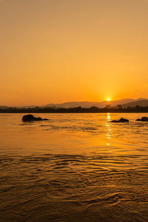 Sunset at the Mekong river in Vietnam. Landscape of Mekong river.の写真素材