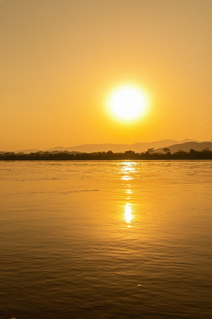 Sunset on the Mekong River, Luang Prabang, Laosの写真素材