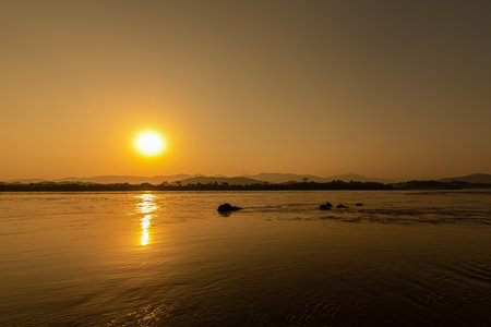 Sunset at the Mekong river in Laos. Landscape of Mekong river in Laos.の写真素材