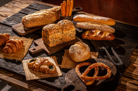 Different types of bread on a wooden background. Bakery products.の写真素材