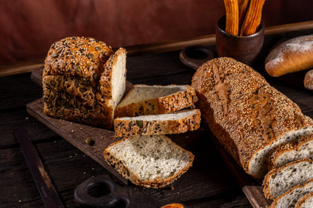 Variety of bread on wooden background. Top view with copy space.