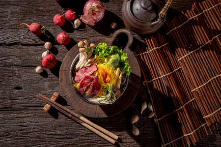 Thai food, dried yellow rice noodles with kale and mushrooms, beautifully decorated.の写真素材