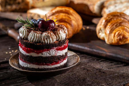 Cake with berries and cream on a wooden background, selective focus.