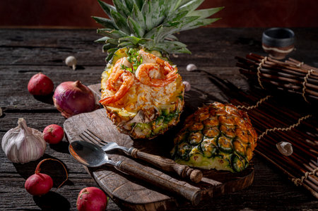 Shrimp fried rice, Thai food served in a container made from pineapple Decorate with fruits, vegetables, and holiday decorations.の写真素材