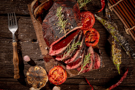 Dried beef steak with herbs and spices on wooden background, top viewの写真素材