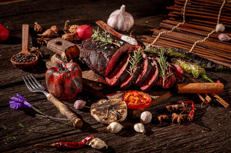 Sizzling Steak Feast: A mouthwatering display of a perfectly grilled steak, sliced and ready for devouring. Surrounded by fresh herbs, spices, and vegetablesの写真素材