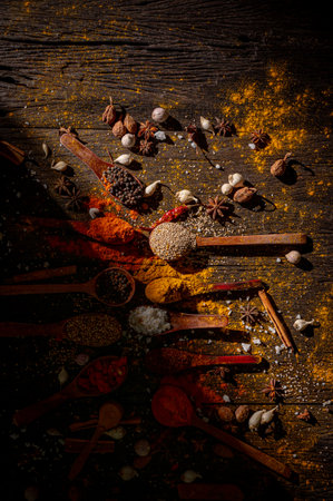 Various spices and herbs on wooden background. Top view. Selective focus.の写真素材