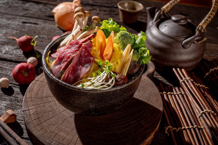 Thai food, dried yellow rice noodles with kale and mushrooms, beautifully decorated.の写真素材