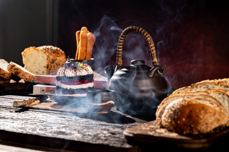 still life of bread and teapot on a wooden table.の写真素材