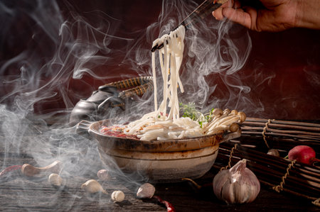 Pork noodle in hot pot on the wood table with smokeの写真素材