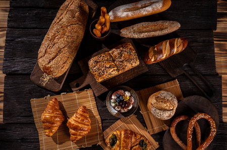 Bakery products on rustic wooden background. Croissants, bagels, pretzelsの写真素材