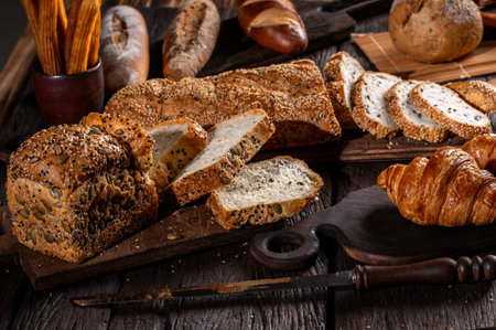 Variety of fresh bread on wooden table. Bakery background.