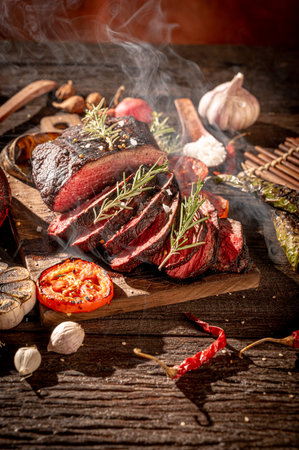 Grilled beef steak with rosemary and spices on a wooden tableの写真素材