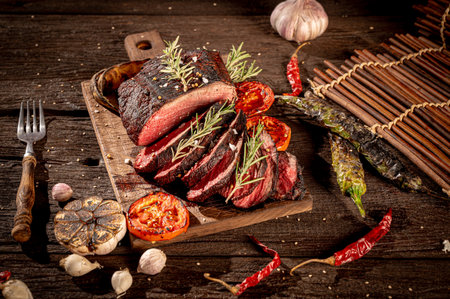 grilled beef steak with rosemary and vegetables on a wooden boardの写真素材