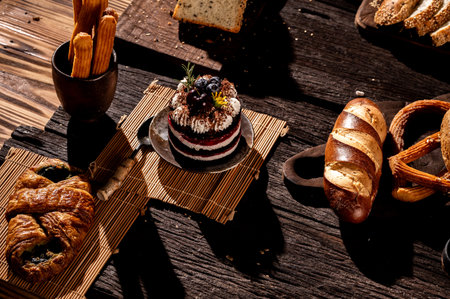 Different types of buns and croissants on a wooden tableの写真素材