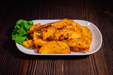Fried potato wedges with sesame seeds on a wooden tableの写真素材