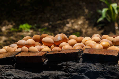 Egg grilled Place the grill on a grill, an oven egg made with stones.の写真素材