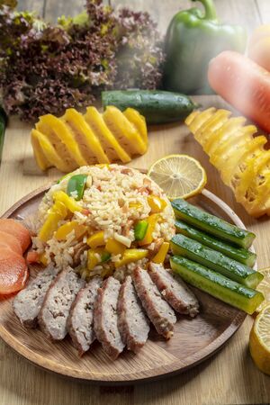 Pineapple fried rice In a wooden dish ,Thailand food, cookingの写真素材