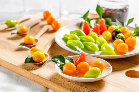 Deletable Imitation Fruits on wooden plateの写真素材