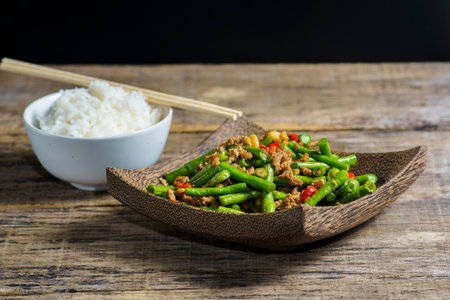 Stir fried long beans to eat with rice.の写真素材